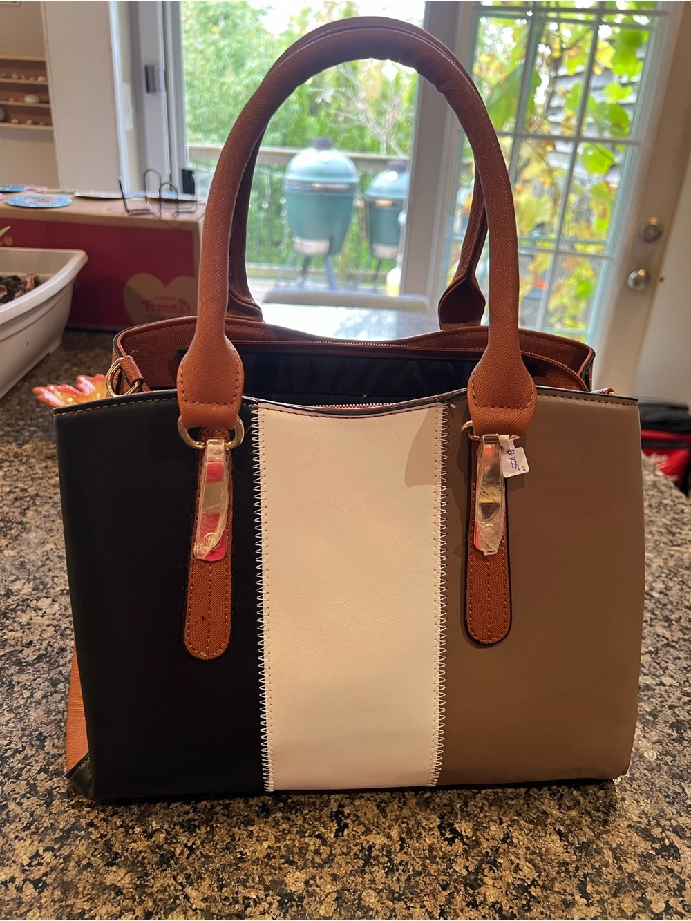 NWT Colorblock Tri-Panel Women’s Satchel Bag in Black, White & Taupe